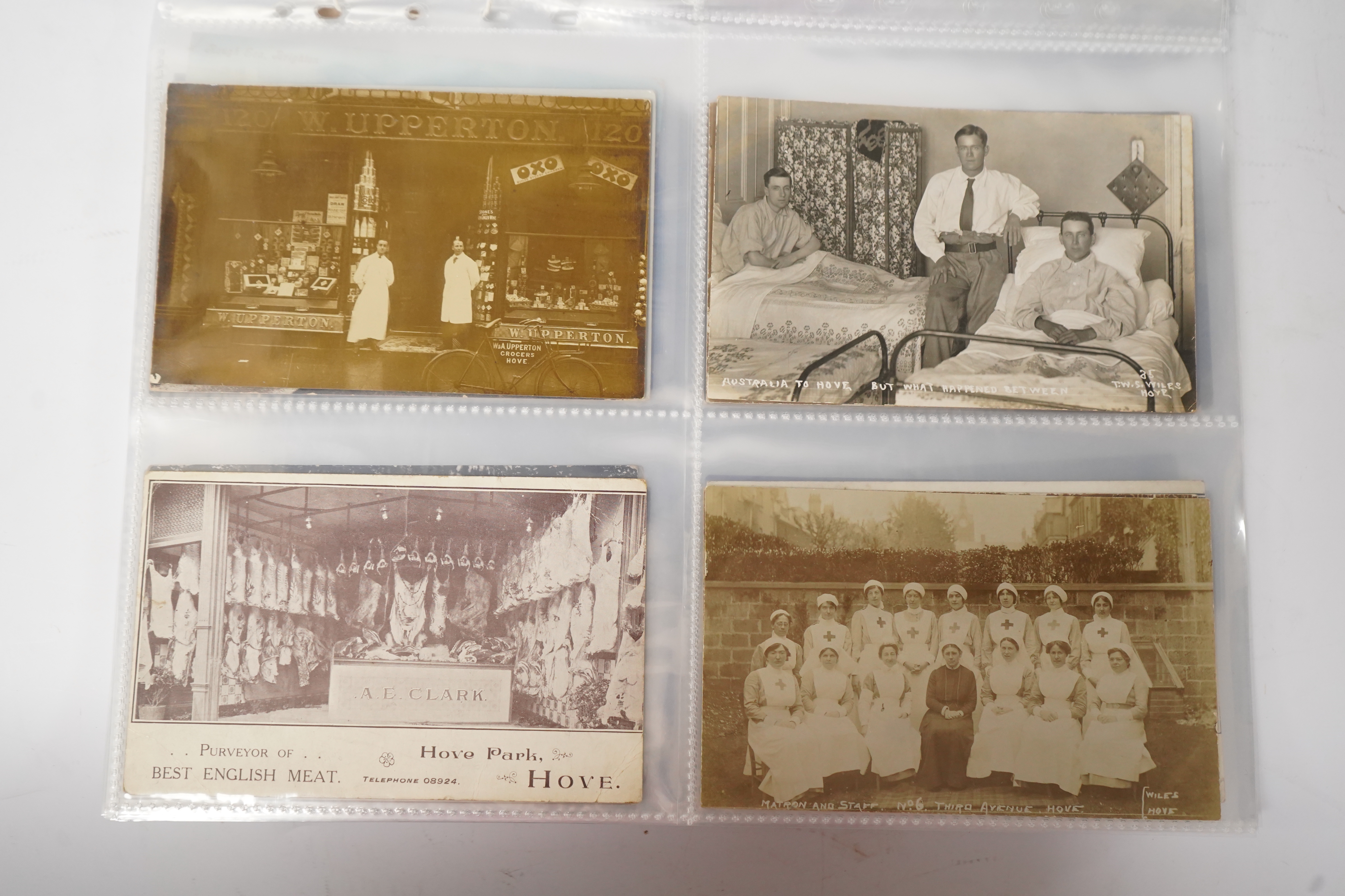 Brighton & Hove interest; a collection of one hundred and twelve assorted vintage postcards, mostly pre WW1, including novelty, shopfronts and Albion football matches